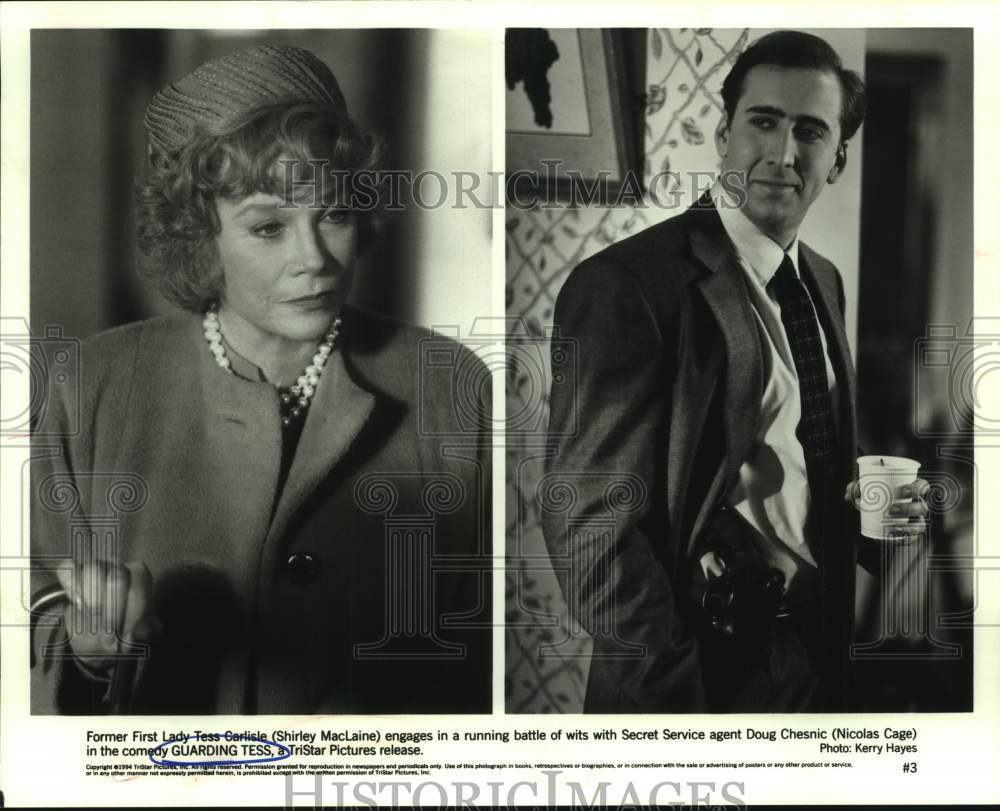 1994 Press Photo Actors Shirley MacLaine, Nicolas Cage in &quot;Guarding Tess&quot; movie- Historic Images