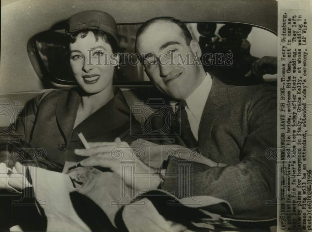 1956 Press Photo Actress Rita Gam with husband Thomas Henry Guinzburg in car