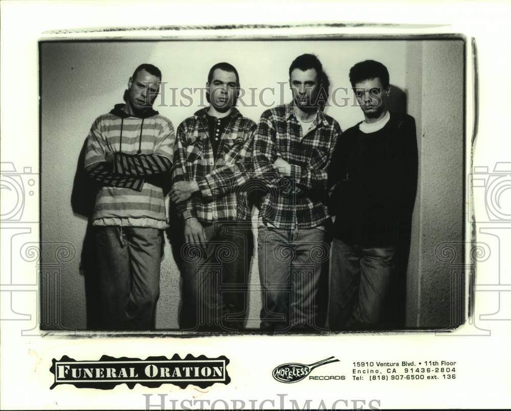 1996 Press Photo Four Members of the band Funeral Oration, Musicians - sap14263- Historic Images