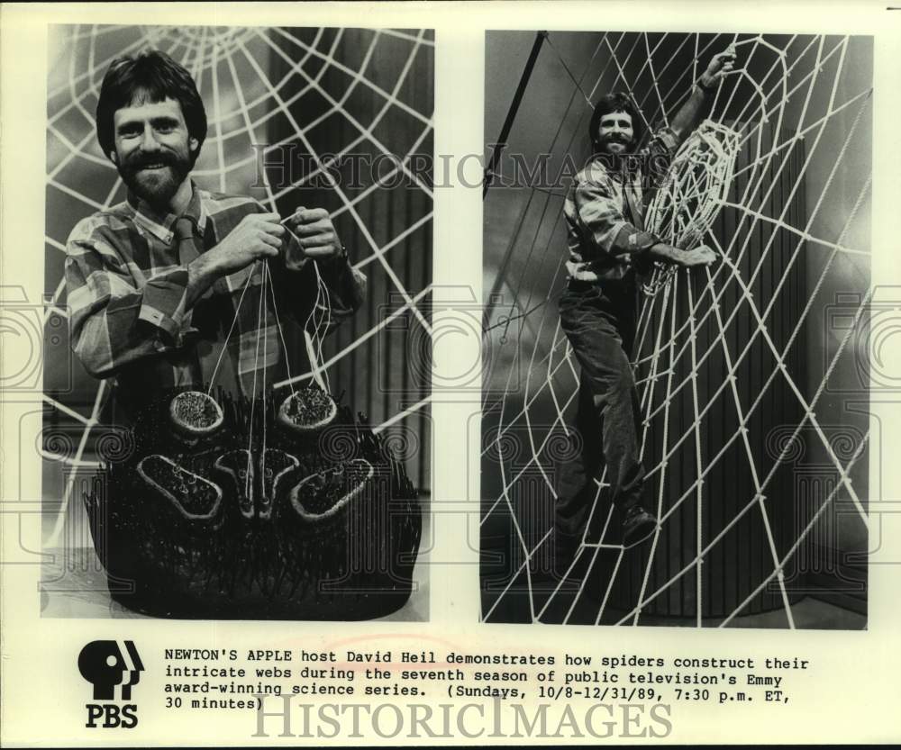 1989 Press Photo Newton's Apple host David Heil demonstrates spider webs on PBS- Historic Images