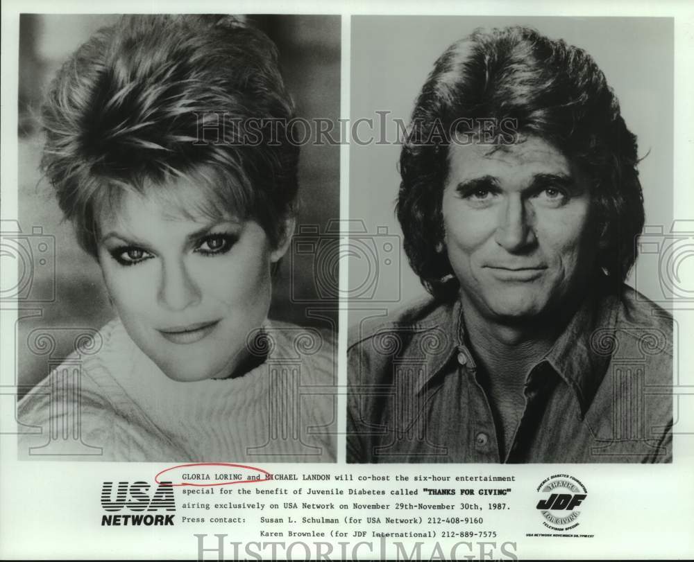 1987 Press Photo "Thanks for Giving" co-hosts Gloria Loring and Michael Landon- Historic Images