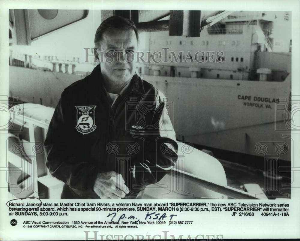 1988 Press Photo Actor Richard Jaeckel in "Supercarrier" on ABC Television- Historic Images