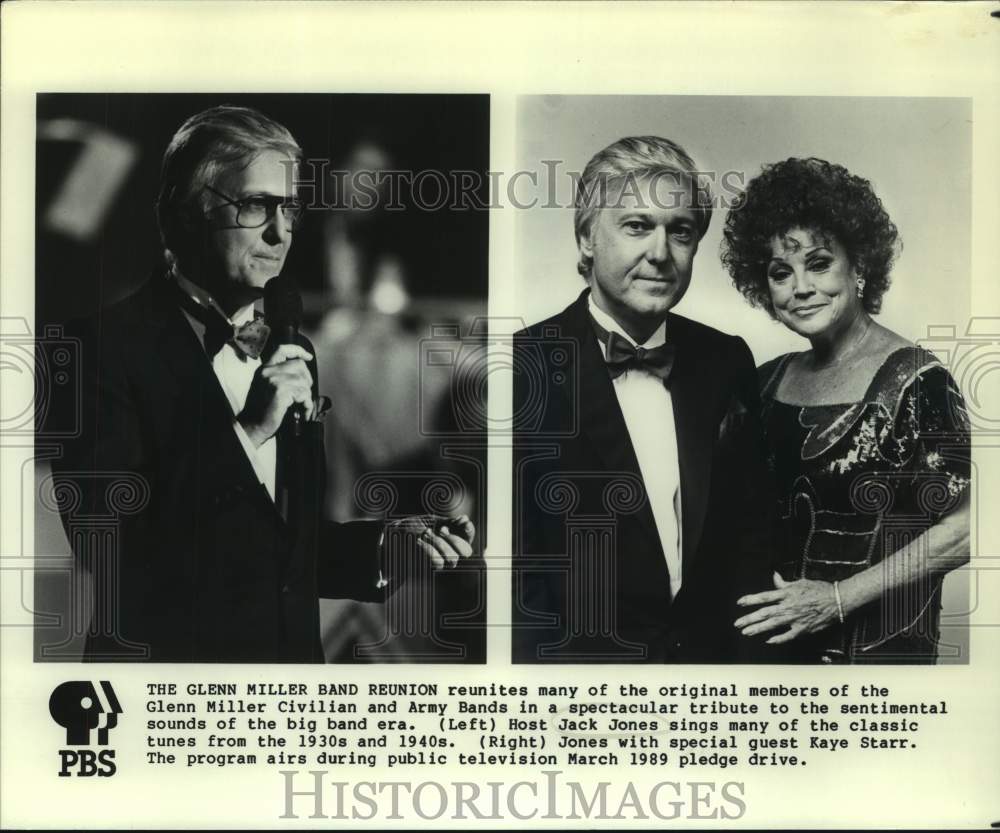 1989 Press Photo Host Jack Jones and Kaye Starr in Glenn Miller Band Reunion- Historic Images