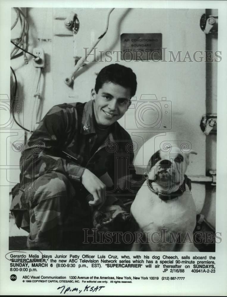 1988 Press Photo Actor Gerardo Mejia in &quot;Supercarrier&quot; on ABC Television- Historic Images