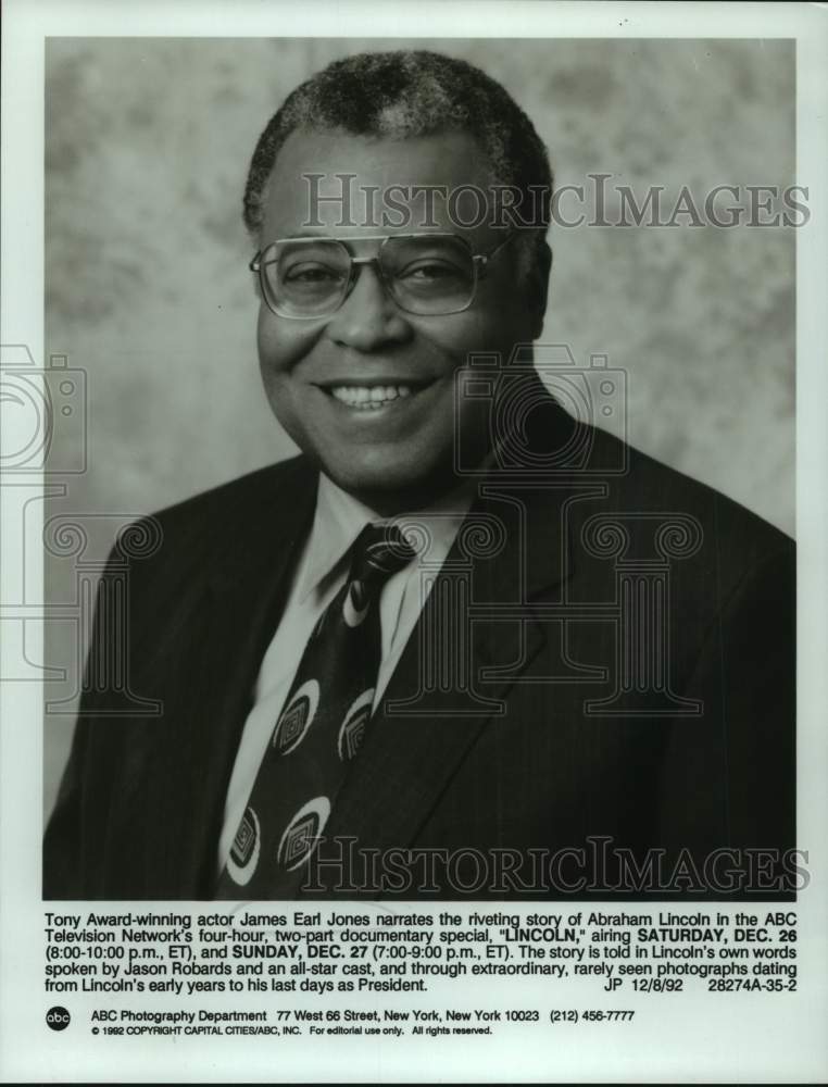 1992 Press Photo Actor James Earl Jones as Abraham Lincoln on ABC Television- Historic Images