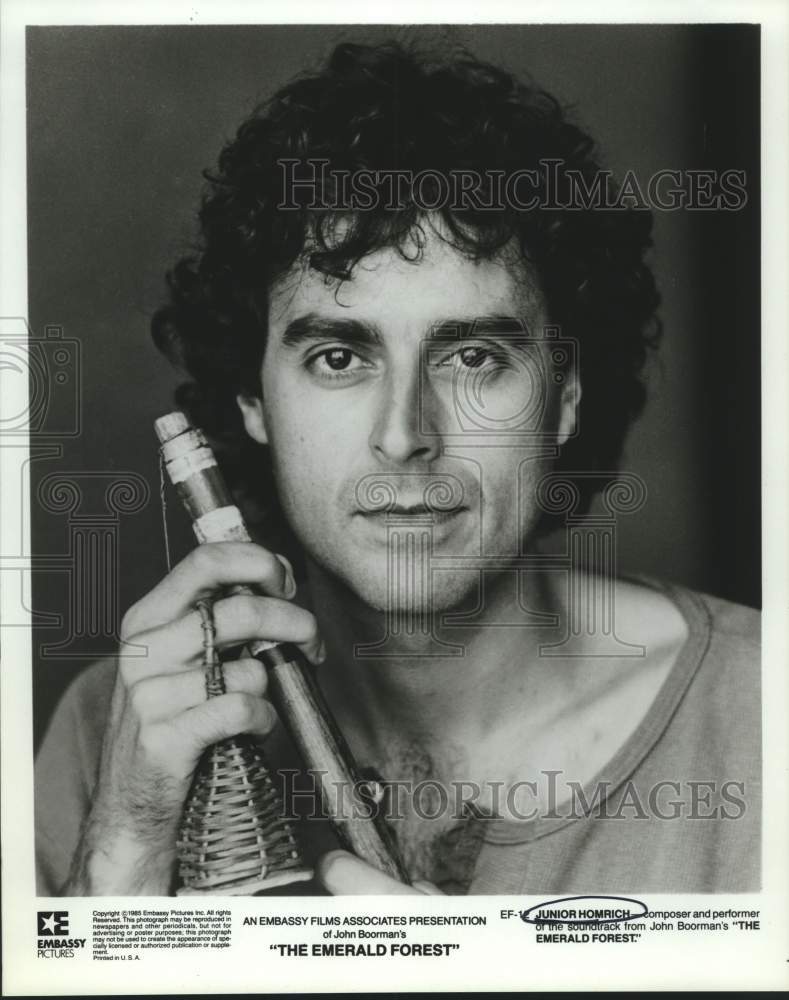 1985 Press Photo Junior Homrich, Composer and Performer on "The Emerald Forest"- Historic Images