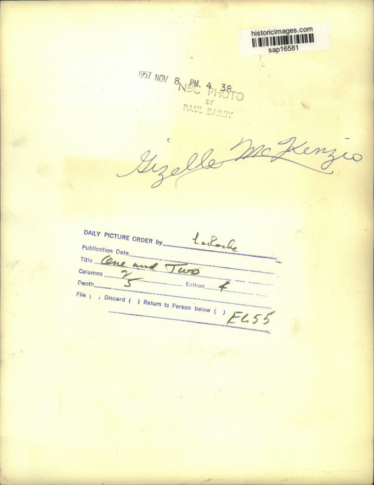 1957 Press Photo Singer Gisele MacKenzie dances with man in portrait - sap16581