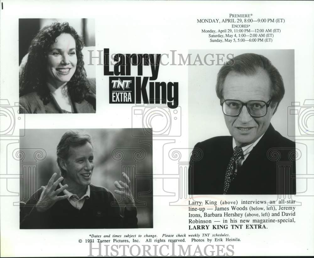 1991 Press Photo James Woods and Barbara Hershey on Larry King TNT Extra.- Historic Images