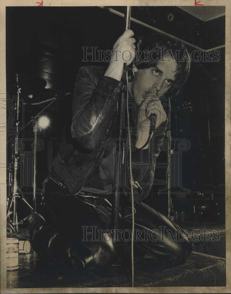 1987 Press Photo Singer of King Lizard Band on stage during performance- Historic Images