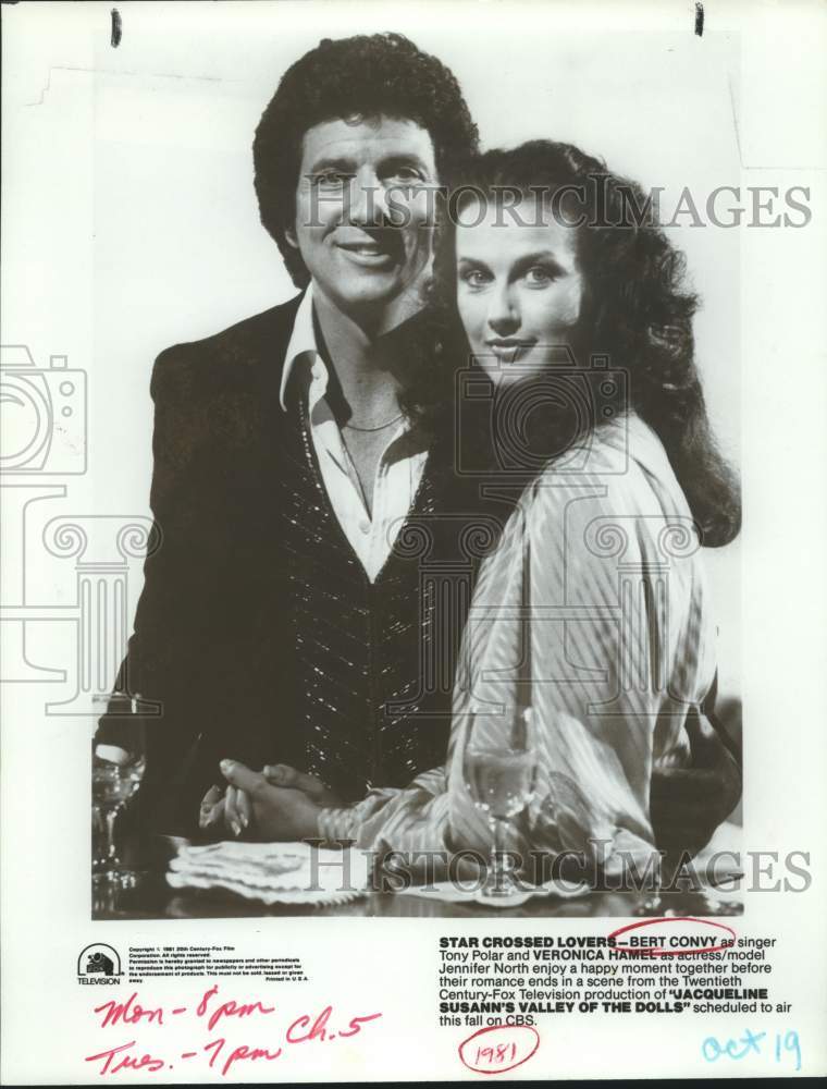 1981 Press Photo Bert Convy and Veronica Hamel in Valley of the Dolls, on CBS.- Historic Images