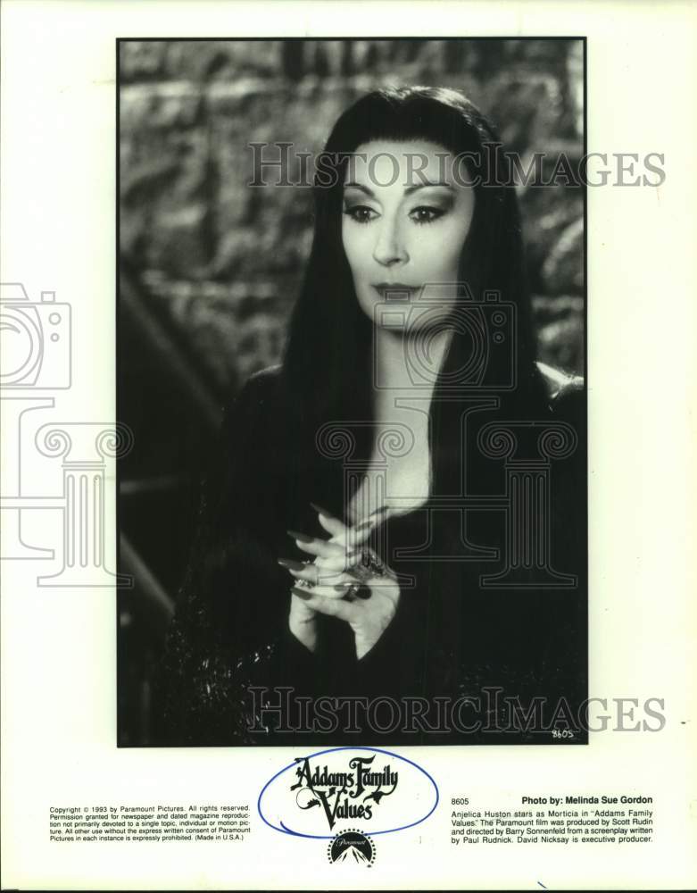 1993 Press Photo Actress Anjelica Huston stars in "Addams Family Values" movie- Historic Images