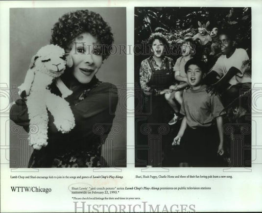 1993 Press Photo Puppeteer Shari Lewis with Puppet Lamb Chop and Children- Historic Images
