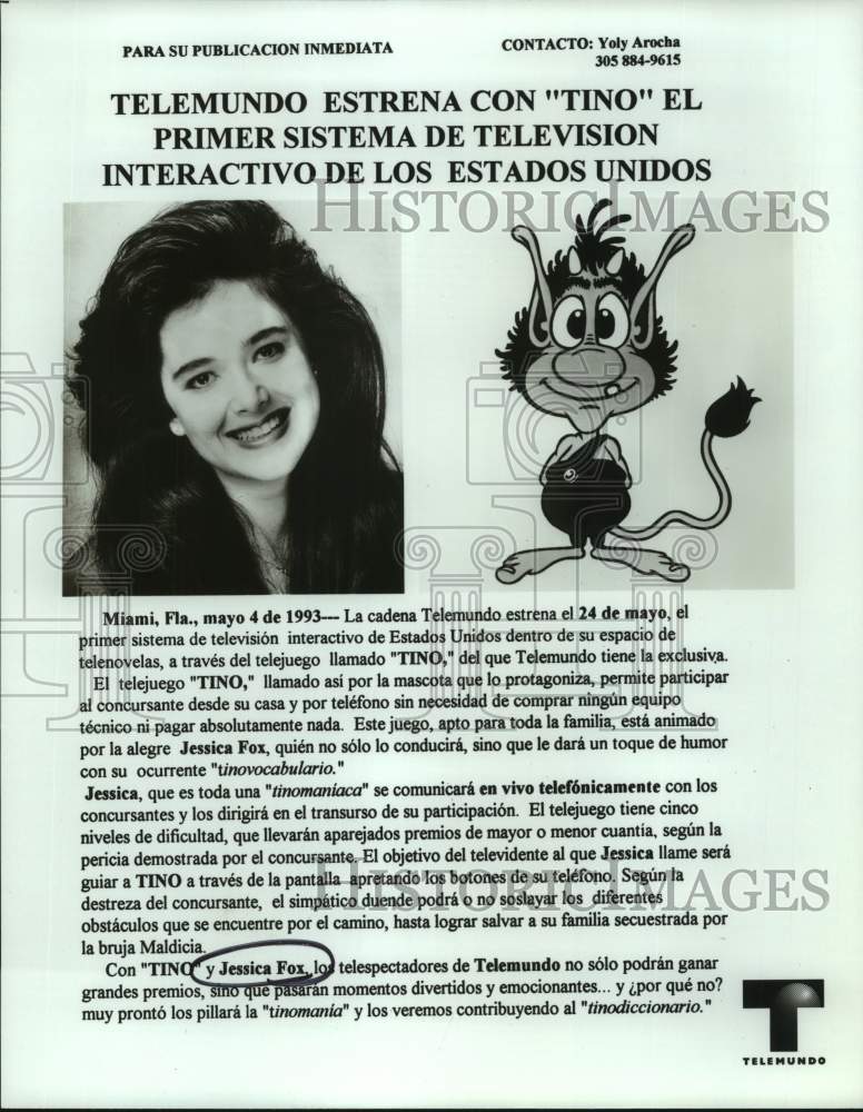 1993 Press Photo Actress Jessica Fox of "Tino" with Cartoon Mascot on Telemundo- Historic Images