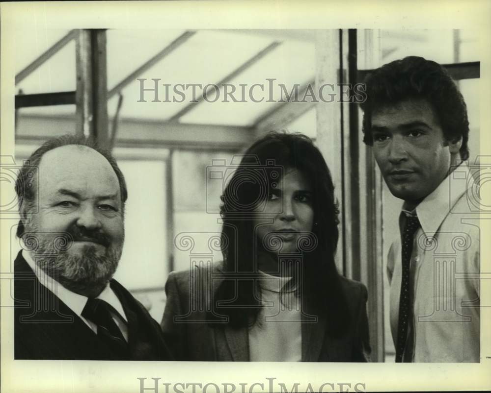 1981 Press Photo Patti Davis, William Conrad &amp; Lee Horsley on Nero Wolfe, on NBC- Historic Images