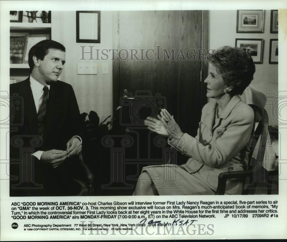 1989 Press Photo Charles Gibson interviews former First Lady Nancy Reagan on ABC- Historic Images