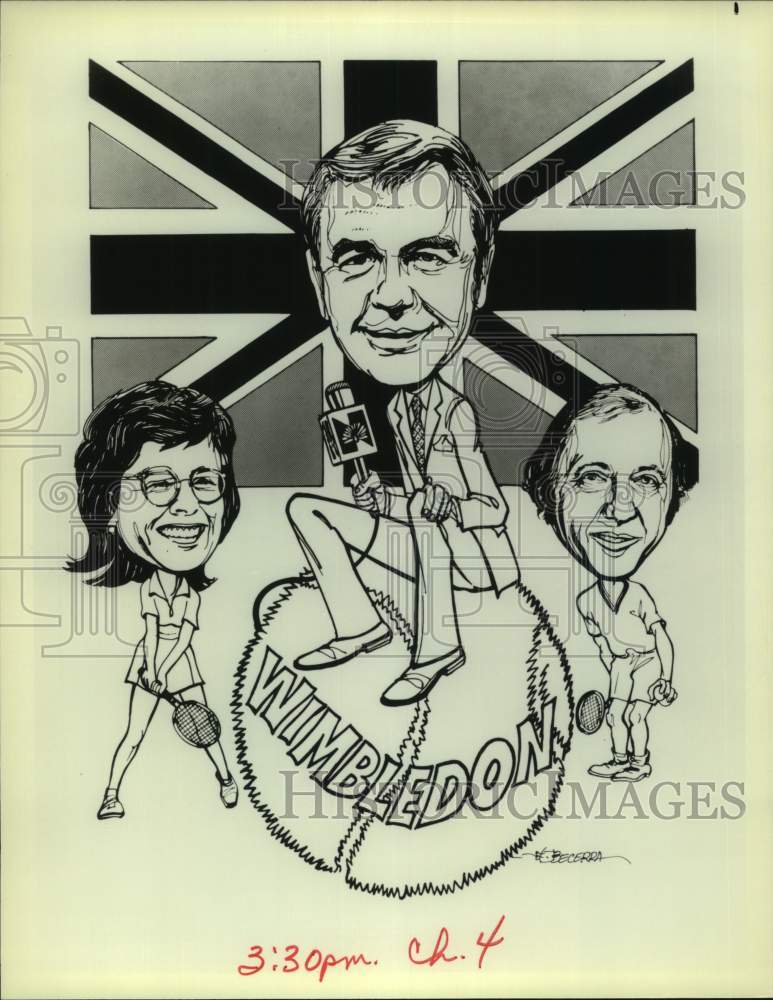 1981 Press Photo Host Dick Enberg, Billie Jean King, Bud Collins in NBC Cartoon- Historic Images