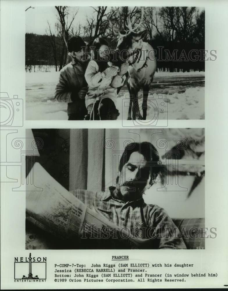 1989 Press Photo Actors Sam Elliott and Rebecca Harrell in "Prancer" Movie- Historic Images