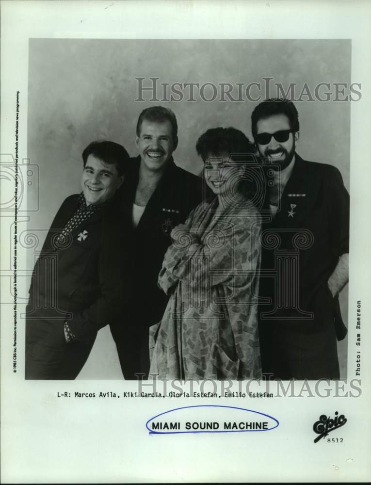 1985 Press Photo Four Members of the band Miami Sound Machine, Musicians- Historic Images