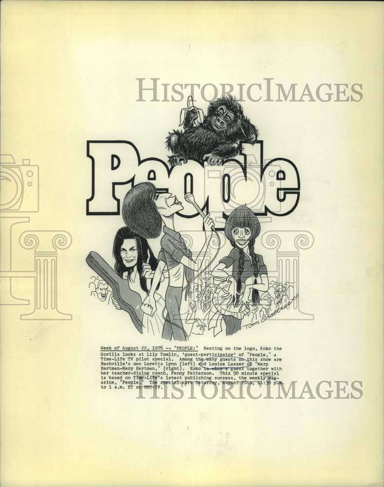 1976 Press Photo Cartoon with Koko the Gorilla, Lily Tomlin on "People" Show- Historic Images
