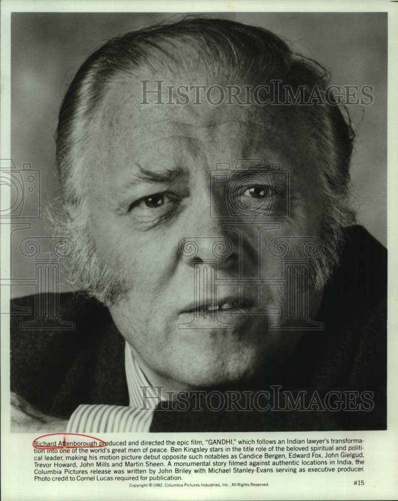 1982 Press Photo Actor Richard Attenborough in "Gandhi" movie closeup- Historic Images