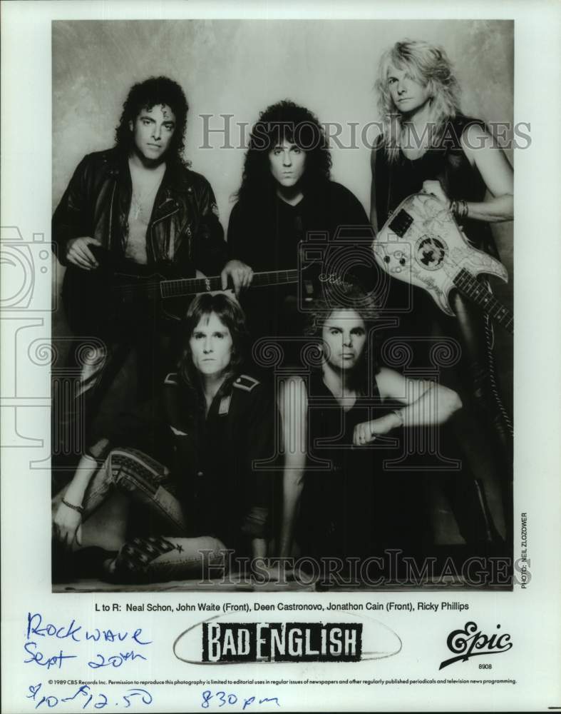 1989 Press Photo Five Members of the band Bad English, Entertainers, Musicians- Historic Images