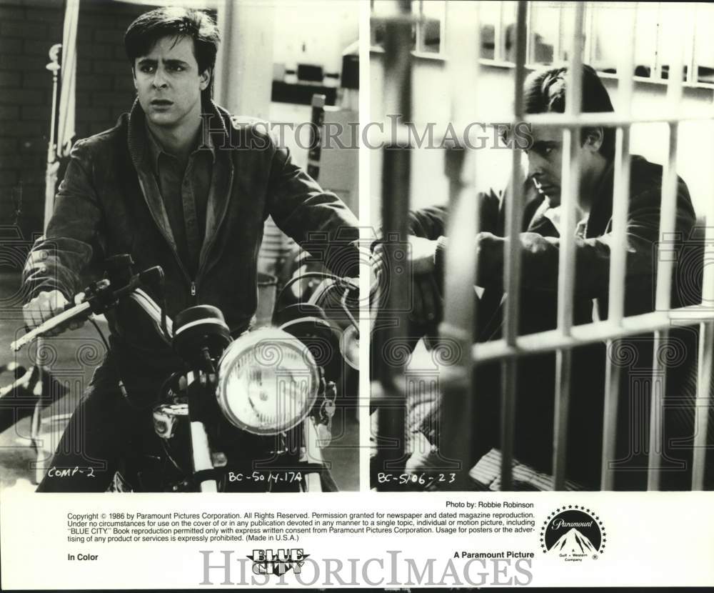 1986 Press Photo Actor in Blue City movie composite in jail cell and motorcycle