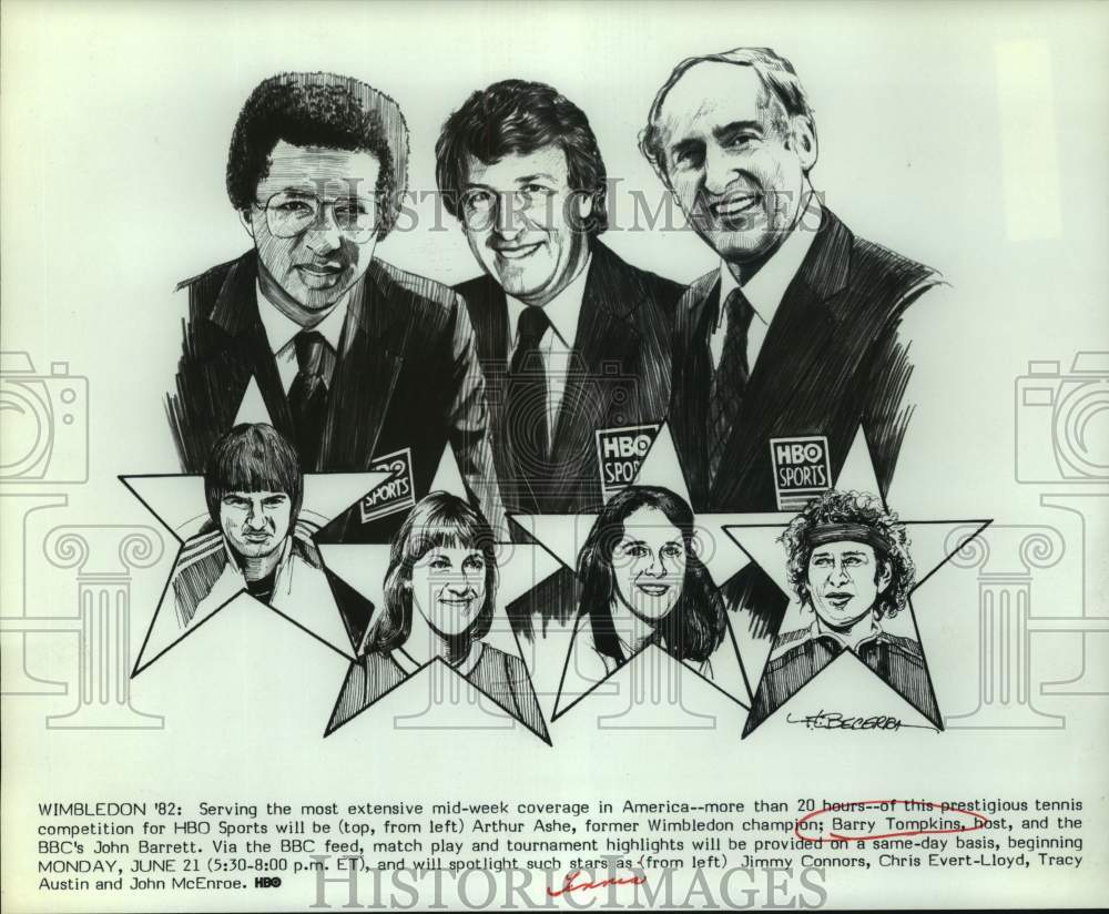1982 Press Photo A sketch of HBO Sports anchors on Wimbledon '82. - sap44882- Historic Images