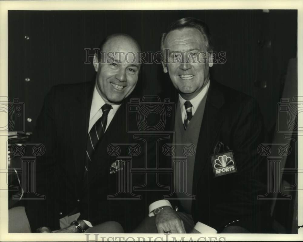 1987 Press Photo Vin Scully and Joe Garagiola host National League Championship.- Historic Images