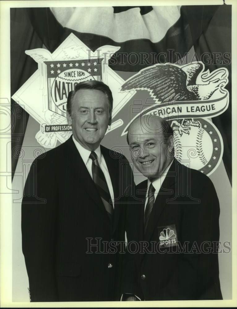 1987 Press Photo Vin Scully and Joe Garagiola on the 54th Annual All-Star Game.- Historic Images