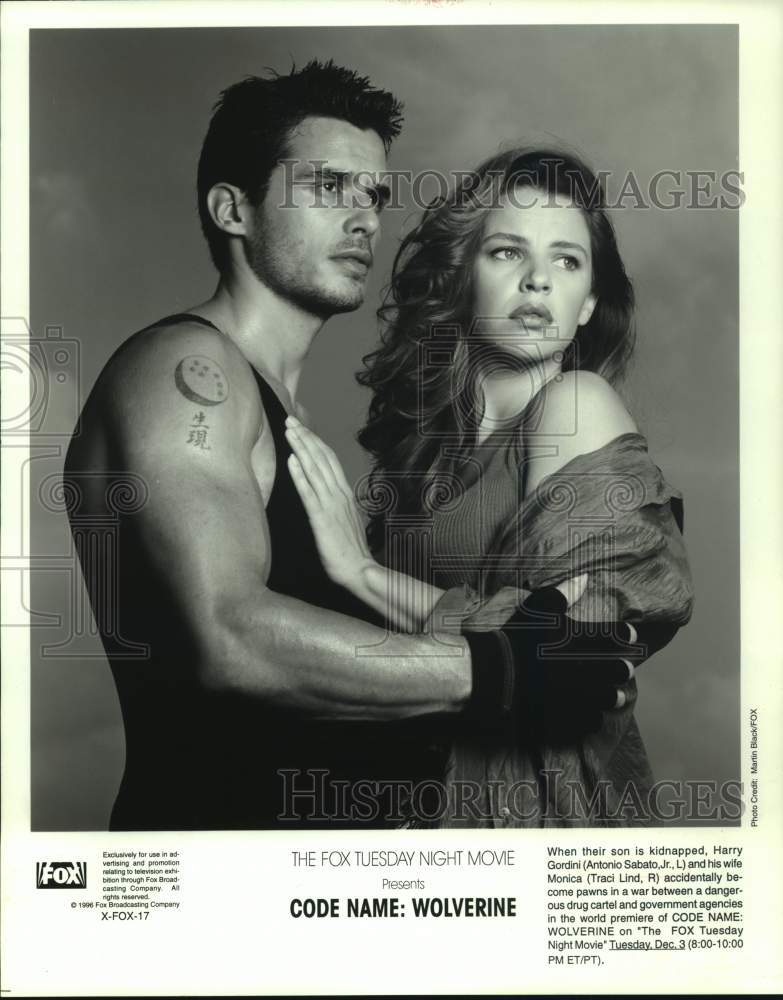 1996 Press Photo Actors Antonio Sabato Jr. & Traci Lind, "Code Name: Wolverine"- Historic Images