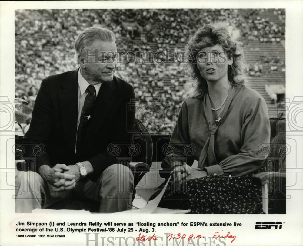 1985 Press Photo Jim Simpson and Leandra Reilly anchor U.S. Olympic Festival '86- Historic Images