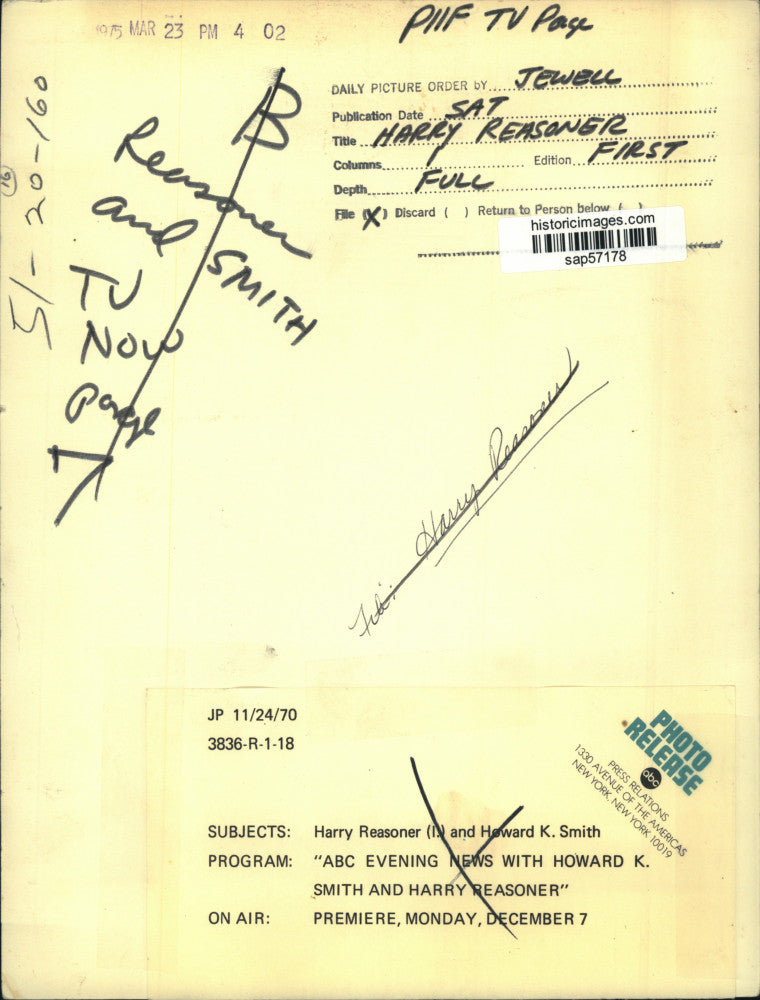 1970 Press Photo ABC News Anchors Harry Reasoner & Howard K. Smith - sap57178