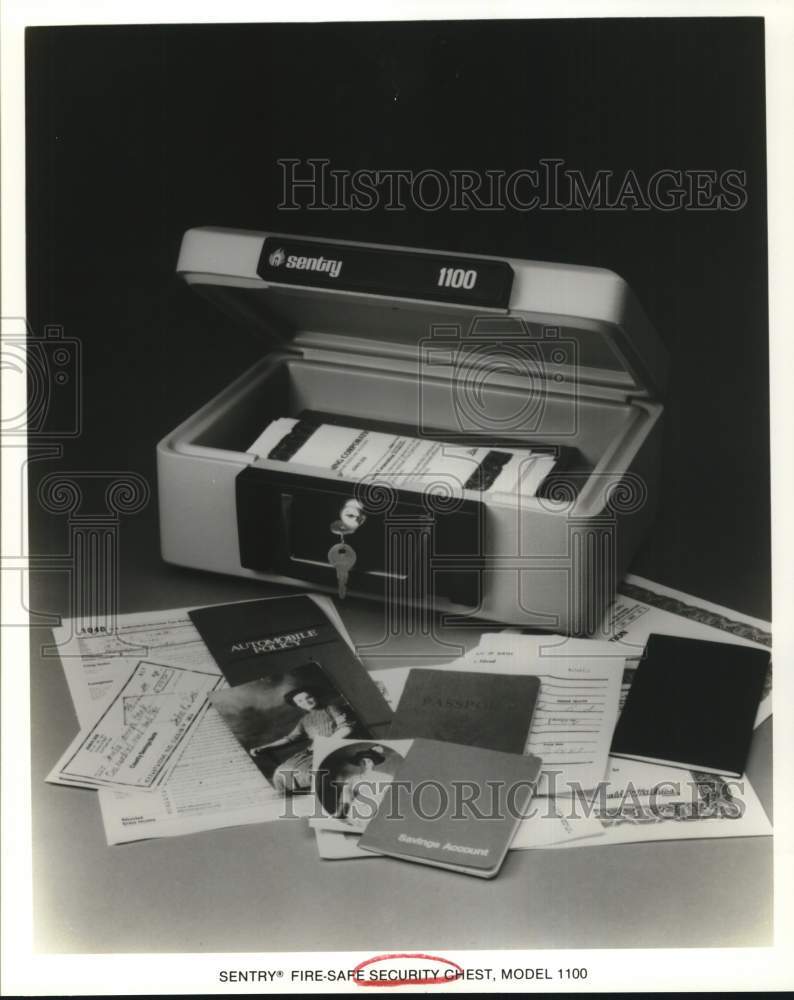 Press Photo Sentry Fire Safe Security Chest Lock Box with Documents - sap63891- Historic Images