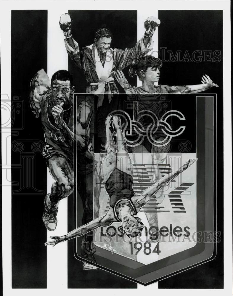 1984 Press Photo 1984 Summer Olympics poster with athletes - sap66566- Historic Images