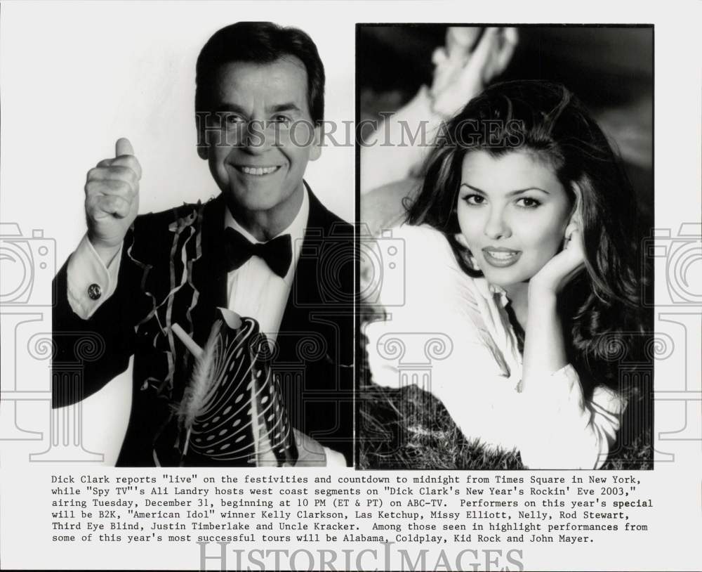 2003 Press Photo Dick Clark &amp; Ali Landry, &quot;Dick Clark&#39;s New Year&#39;s Rockin&#39; Eve&quot;- Historic Images