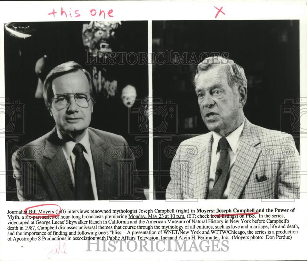 1988 Press Photo Journalist Bill Moyers & Joseph Campbell in "Moyers" TV Series