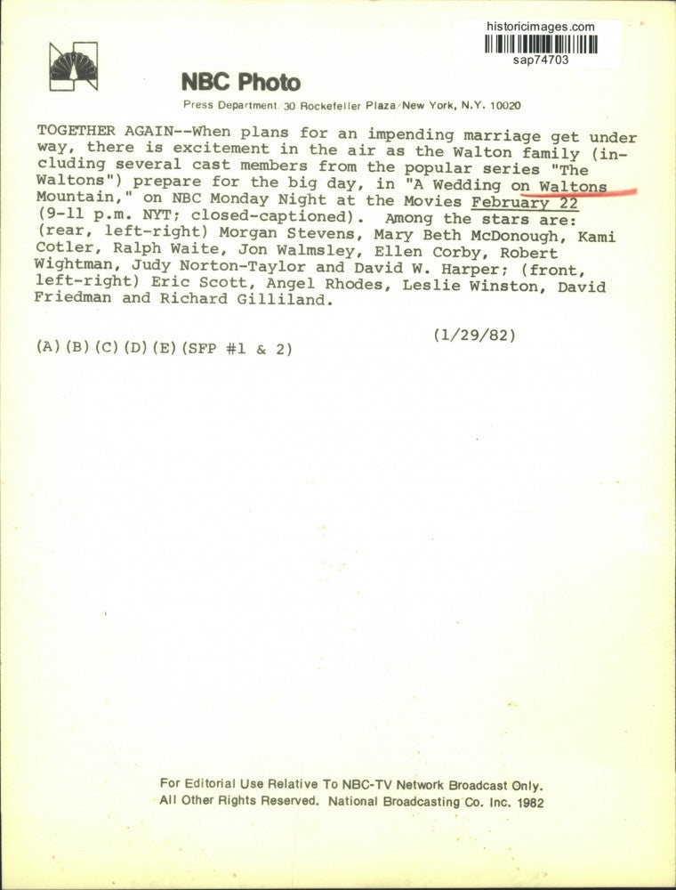 1982 Press Photo "A Wedding on Waltons Mountain" Movie Cast Members - sap74703