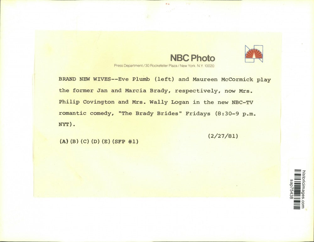 1981 Press Photo Eve Plumb & Maureen McCormick in "The Brady Brides" TV Series