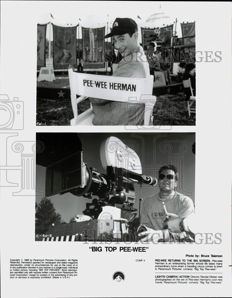 1988 Press Photo Pee-Wee Herman & Randal Kleiser on "Big Top Pee-wee" Movie Set
