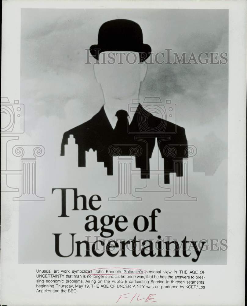 1975 Press Photo Artwork for &quot;John Kenneth Galbraith: The Age of Uncertainty&quot;- Historic Images