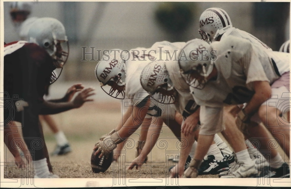 1991 Press Photo The Marshall football offensive line gets set during practice- Historic Images