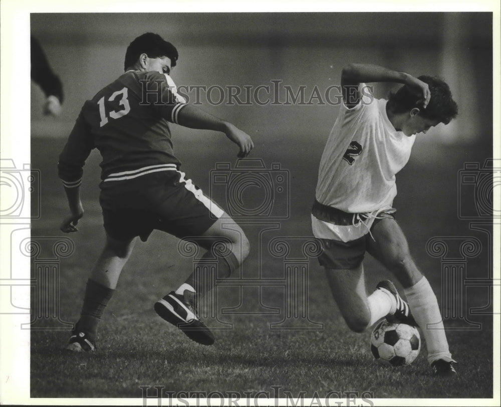 1990 Press Photo Jay and McArthur players during a high school soccer game- Historic Images