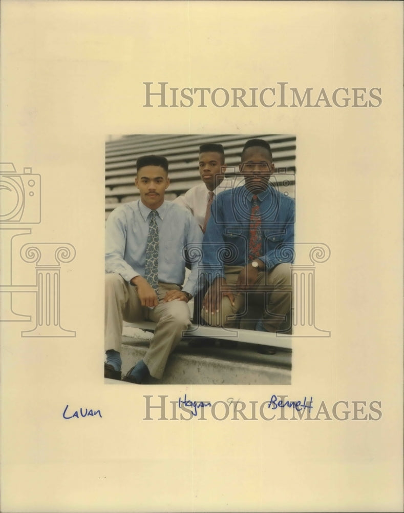 1990 Press Photo Jay and Holmes prep football players pose at Northside Stadium- Historic Images