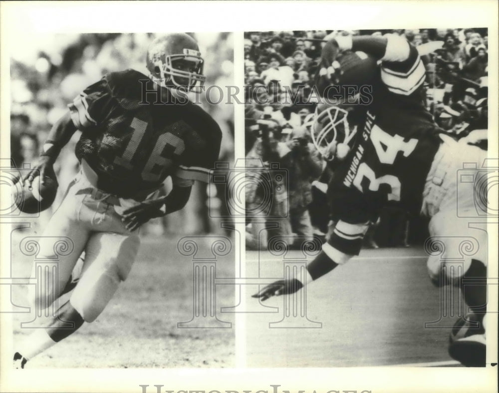 1987 Press Photo Football players Rodney Peete (USC), Lorenzo White (Mich. St.)- Historic Images