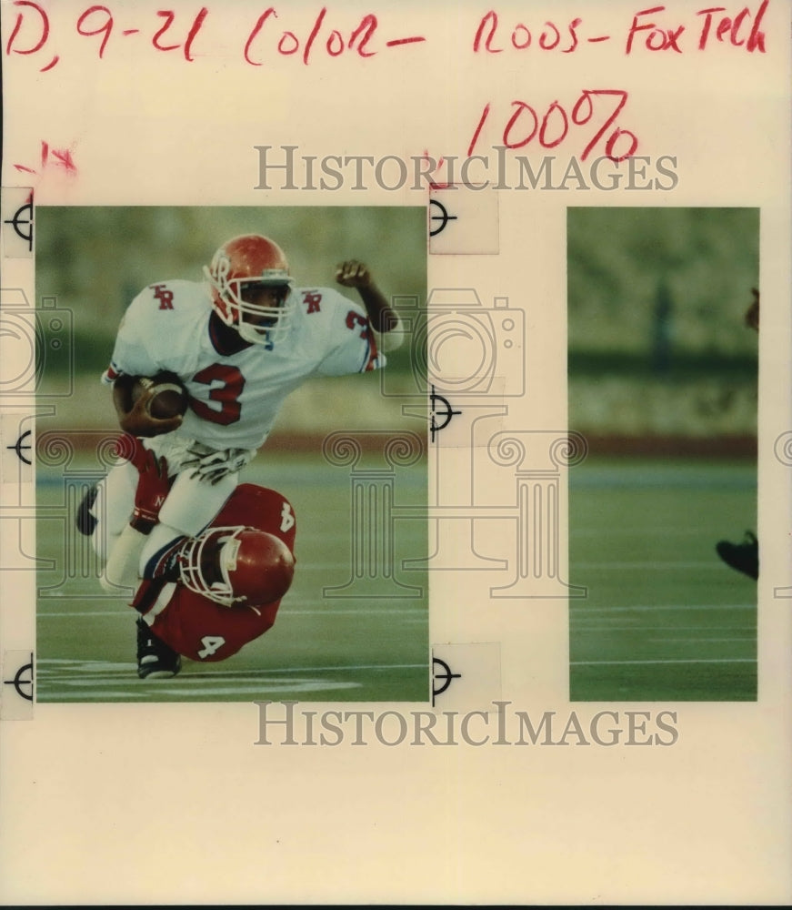 1990 Press Photo Rough Riders' Jerome Holmes runs over Fox Tech football player- Historic Images