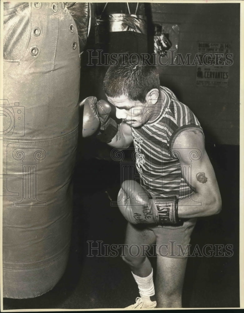 1984 Press Photo Boxer Mike Ayala Punches Heavy Bat at San Fernando Gym- Historic Images