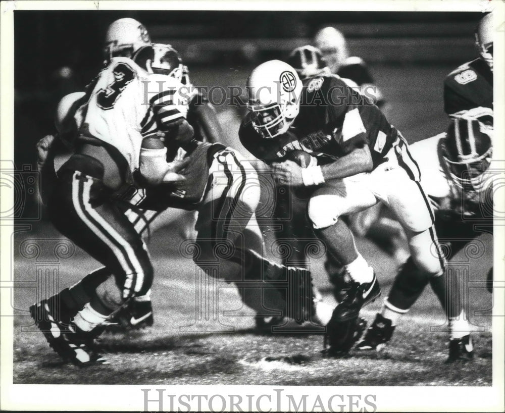 1990 Press Photo Alamo Heights and John F. Kennedy High School Football Players- Historic Images