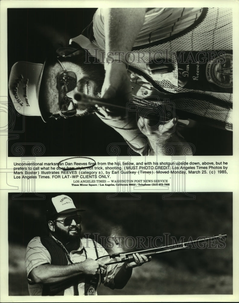 1985 Press Photo Shooter Dan Reeves with shotgun upside down & from the hip- Historic Images