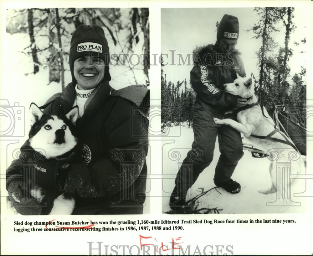 1986 Press Photo Susan Butcher, Iditarod TrailSled Dog Racing Champion with Dogs- Historic Images