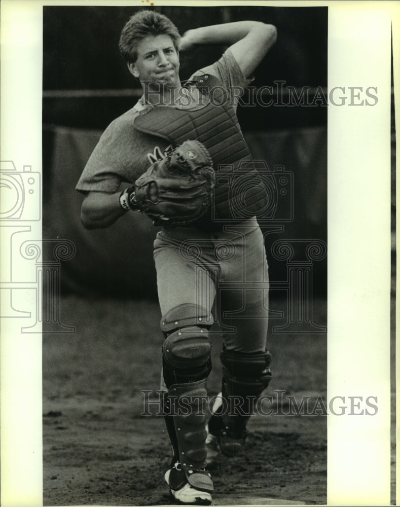 1986 Press Photo Brett Oldham, MacArthur High School Baseball Catcher- Historic Images